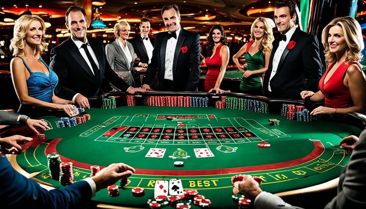 Meja Baccarat live dealer dengan kartu yang sedang dibagikan oleh dealer profesional